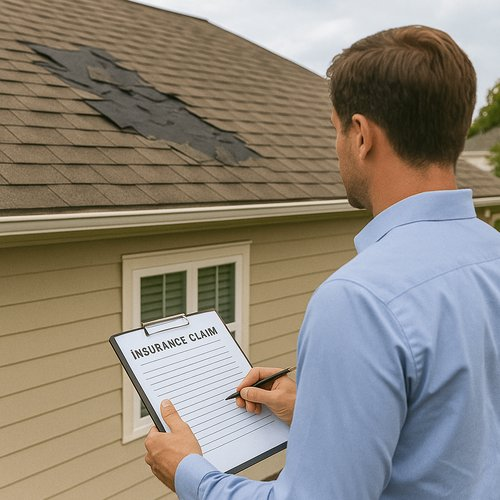 Roof insurance claim inspection with clipboard Sunland